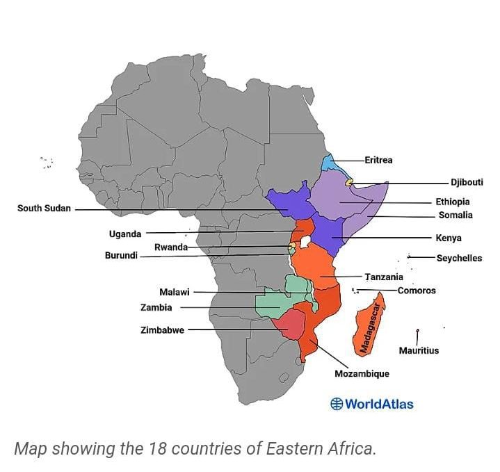 Map showing the 18 countries of Eastern Africa