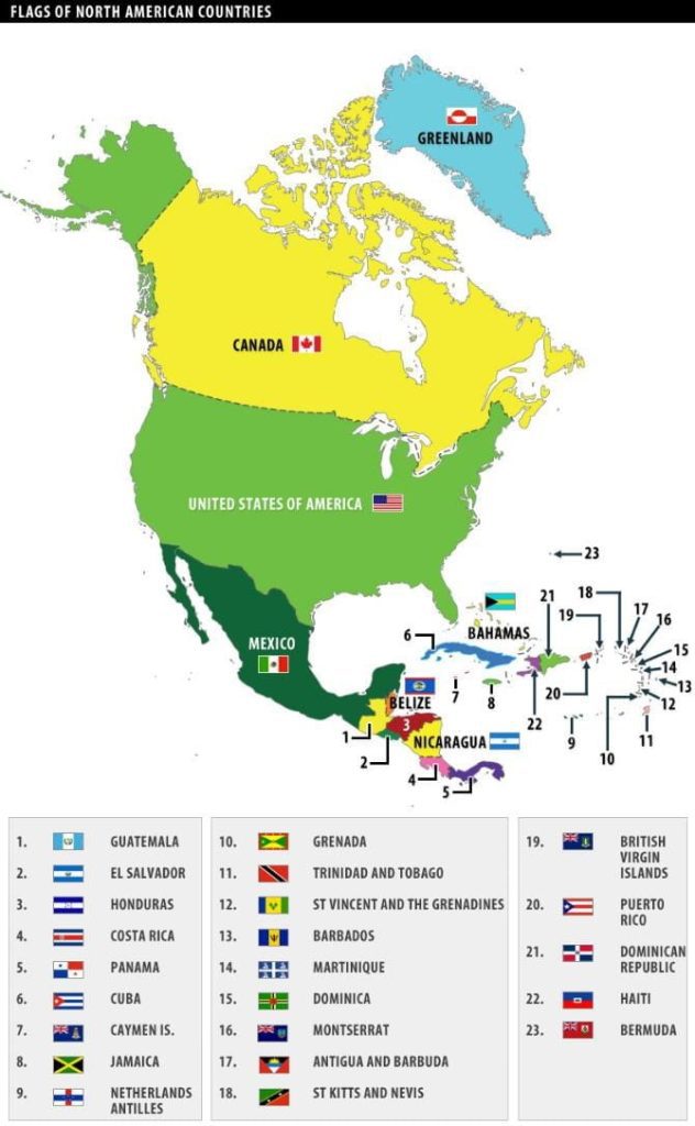 Map of the 23 countries of North America