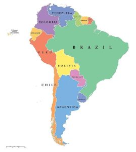 Map showing the 23 countries of South America