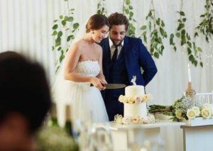 American Couple at their Wedding Reception cutting cake.