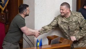 Ukraine President Volodymyr Zelenskiy greeting his commander-in-chief of Armed Forces Valeriy Zaluzhnyi