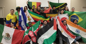 Young people holding flags