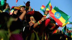 People celebrating with flags